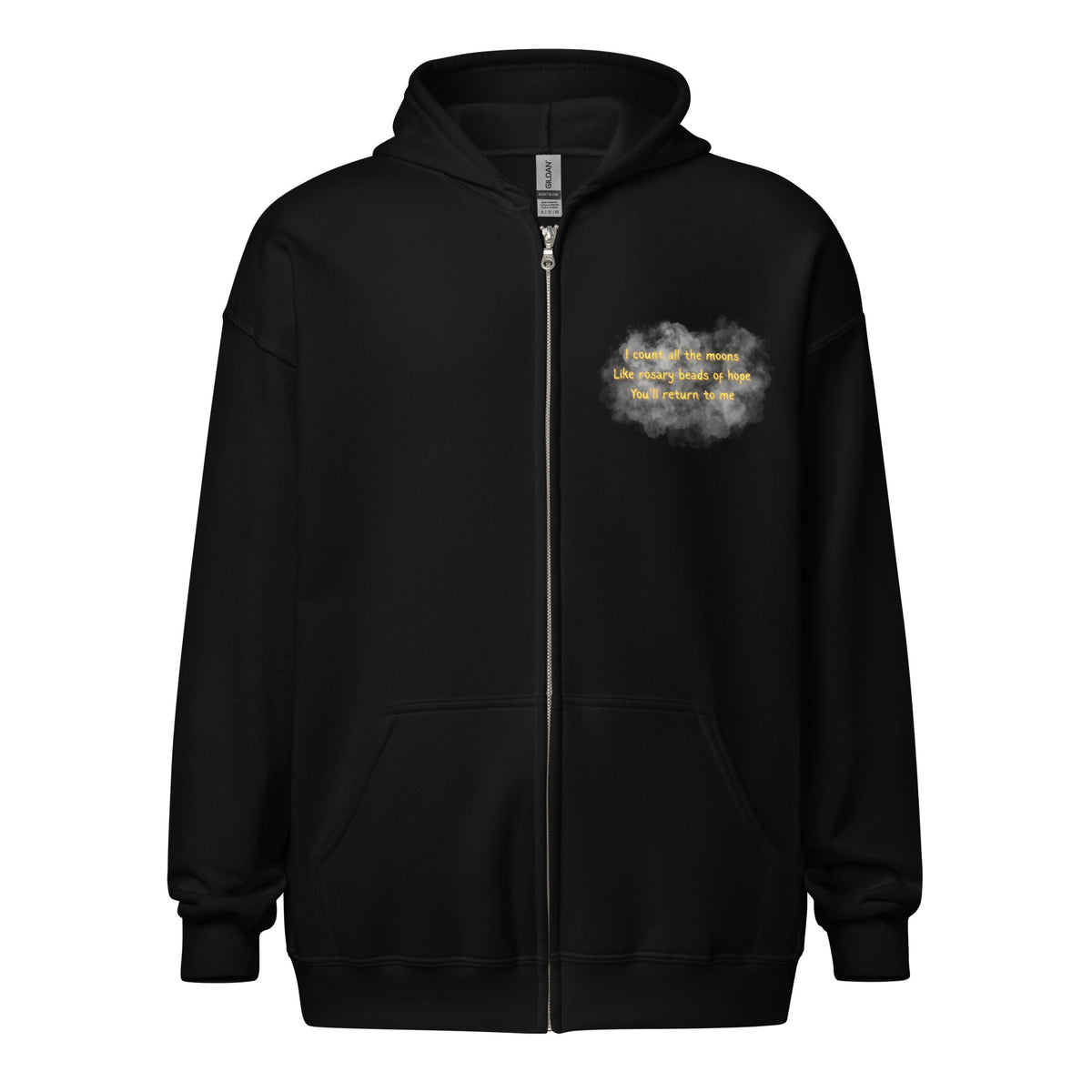 Mallies Celestial Hope black zip-up hoodie with a moon-phase back print